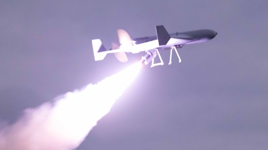 A low-cost uncrewed combat attack system (LUCAS) launched from a US combat ship in the Arabian Gulf.