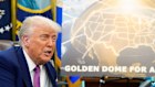 Donald Trump in the Oval Office with an artist’s rendition of his missile-defence ‘golden dome’.