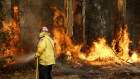 A Tuncurry fire crew member fights part of the Hillville bushfire south of Taree, in the Mid North Coast