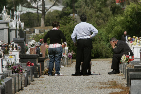 George Halvagis at the Fawkner Cemetery grave where Mersina was murdered.