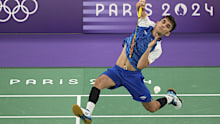 India's Lakshya Sen plays against Malaysia's Lee Zii Jia during their men's singles badminton rbonze medal match at the 2024 Summer Olympics, Monday, Aug. 5, 2024, in Paris, France.