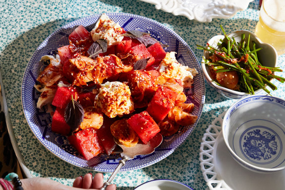 Korean chilli flakes add vibrancy to this cooling watermelon salad.