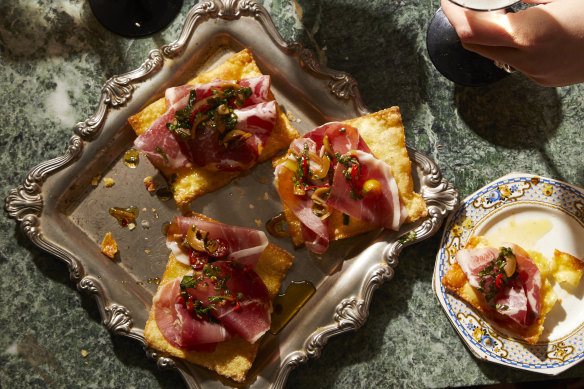 Rosheen Kaul’s wonton skin “fritti” with prosciutto, Thai basil and olive salsa verde.
