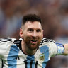 Lionel Messi of Argentina celebrates after scoring the team’s third goal.