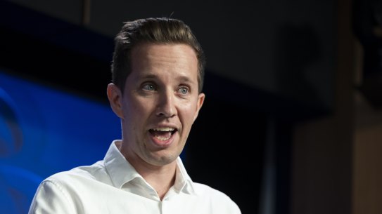 Max Chandler-Mather during his National Press Club address.