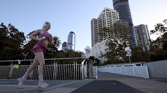 A woman exercises during Brisbane’s snap lockdown. 