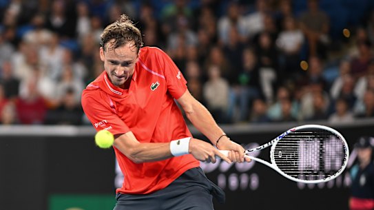 Australian open day 3. . Round 2. John Millman plays against Daniil Medvedev on day 3 of the Australian open. 2023. 18 January 2023. The Age Sport. Photo: Eddie Jim.