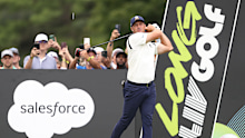 PLYMOUTH, MICHIGAN - AUGUST 23: Bryson DeChambeau of Crushers GC plays his shot from the 18th tee during day two of the LIV Golf Team Championship Michigan at The Cardinal at Saint John's on August 23, 2025 in Plymouth, Michigan. (Photo by Raj Mehta/Getty Images)