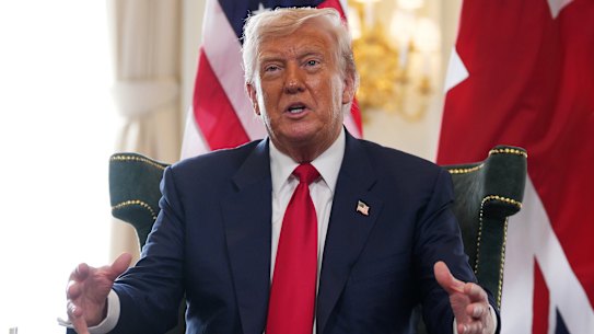 US President Donald Trump speaking to reporters as he meets with British Prime Minister Keir Starmer at Trump Turnberry golf club.