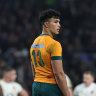 LONDON, ENGLAND - NOVEMBER 09: Joseph-Aukuso Suaalii of Australia looks on during the Autumn Nations Series 2025 match between England and Australia at Allianz Stadium on November 09, 2024 in London, England. (Photo by David Rogers/Getty Images)