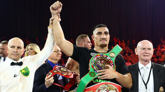 Justis Huni celebrates winning the Heavyweight WBO Oriental & IBF Pan-Pacific Regional title bout.