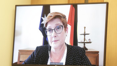Minister for Women Marise Payne appearing via videoconference during the Senate estimates hearing on Monday.
