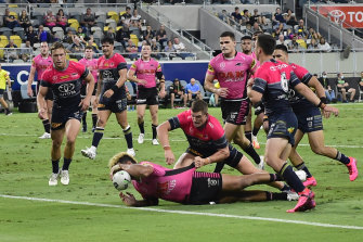 Viliame Kikau crosses the line in Townsville.