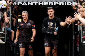 Ivan and Nathan Cleary greet fans at the Panthers’ premiership parade at BlueBet Stadium on Saturday.