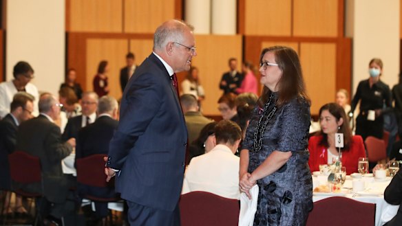 Prime Minister Scott Morrison and Sex Discrimination Commissioner Kate Jenkins at the International Women’s Day parliamentary breakfast.