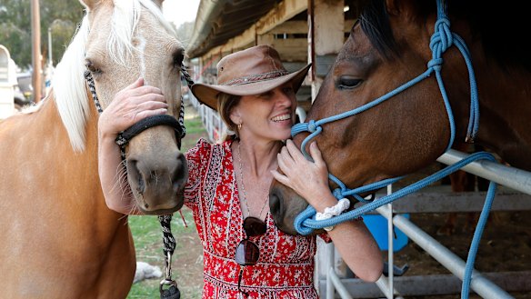 Leanne Waters with her evacuated horses.