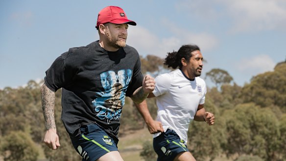 Blake Austin and Sia Soliola in a speed and agility course run by Andrew Heffernan.
