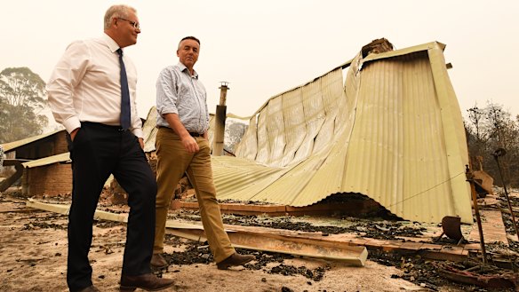 Prime Minister Scott Morrison and Gippsland MP Darren Chester tour fire destruction in Victoria.