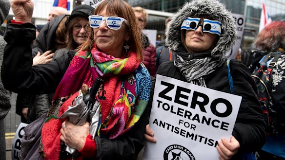 Demonstrators protest outside the Labour Party headquarters, in Central London in April as Jeremy Corbyn was accused of not doing enough to deal with anti-semitism in Britain's second largest political party.