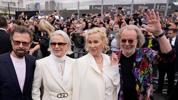 Members of ABBA, from left, Bjorn Ulvaeus, Anni-Frid Lyngstad, Agnetha Faltskog and Benny Andersson arrive for the ABBA Voyage concert in May last year. 