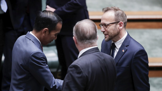 President of Indonesia Joko Widodo meets with Greens leader Adam Bandt after his address to Parliament on Monday.