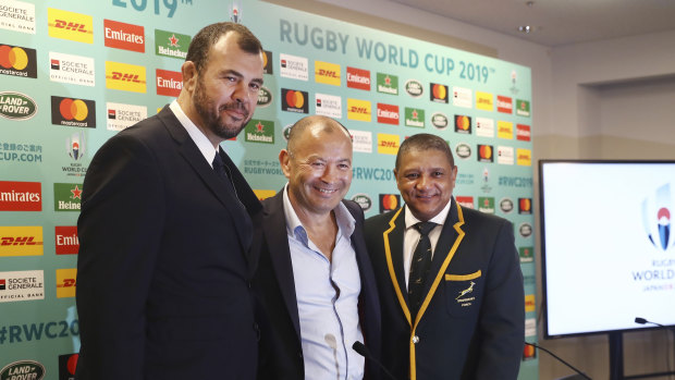 Michael Cheika, Eddie Jones and Allister Coetzee during the 2019 World Cup pool draw in 2017.