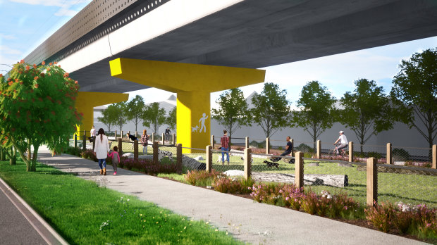 A illustration of a dog park under the new Coburg skyrail.