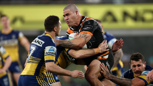 Russell Packer charges into the Eels defence earlier in the year.