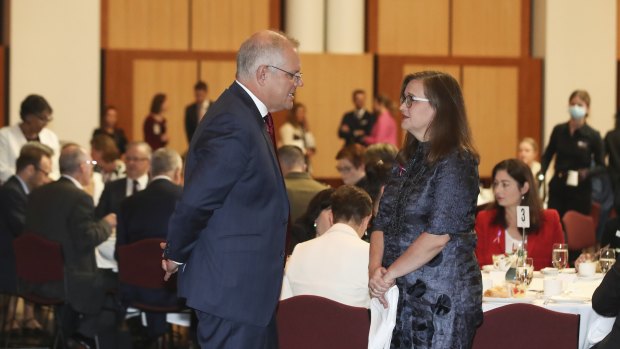 Prime Minister Scott Morrison and Sex Discrimination Commissioner Kate Jenkins at the International Women’s Day parliamentary breakfast.