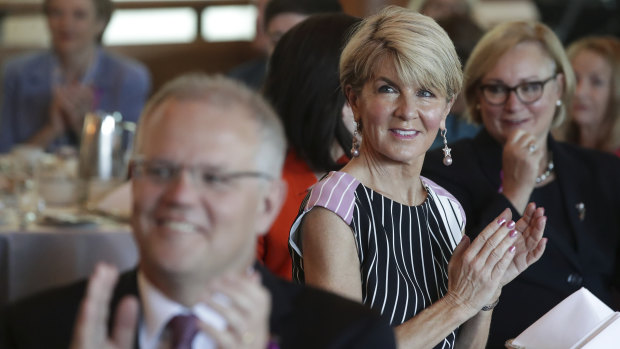Prime Minister Scott Morrison and Julie Bishop during the launch of International Women's Day 2019.  