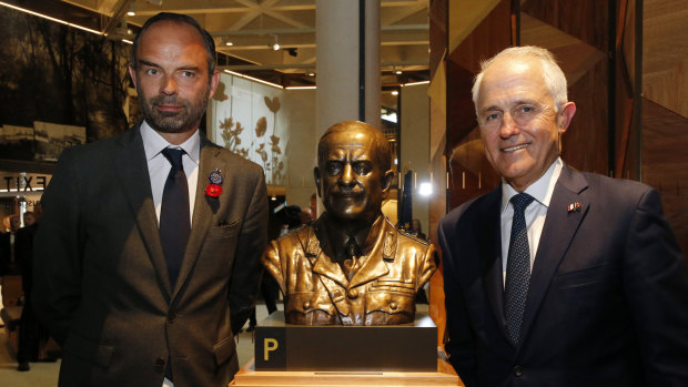 French Prime Minister Edouard Philippe, left, and Australian Prime Minister Malcolm Turnbull  at the Sir John Monash Centre in Villers-Bretonneux, France.