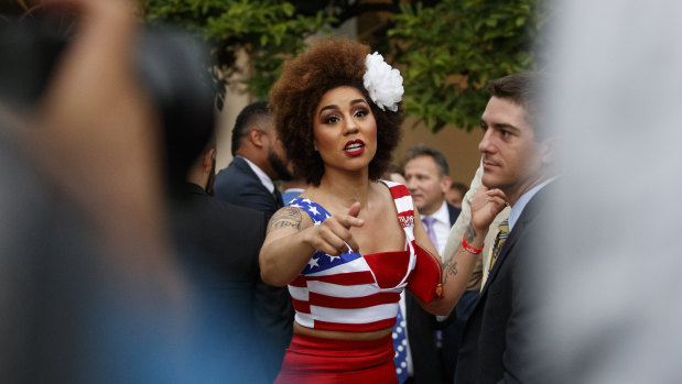 Pro-Trump singer-songwriter Joy Villa talks to media after President Donald Trump's social media event.