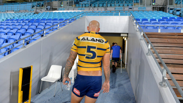 Blake Ferguson heads up the tunnel after Sunday's Eels-Titans match, the last in the NRL for the foreseeable future.
