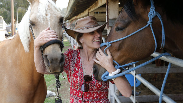 Leanne Waters with her evacuated horses.
