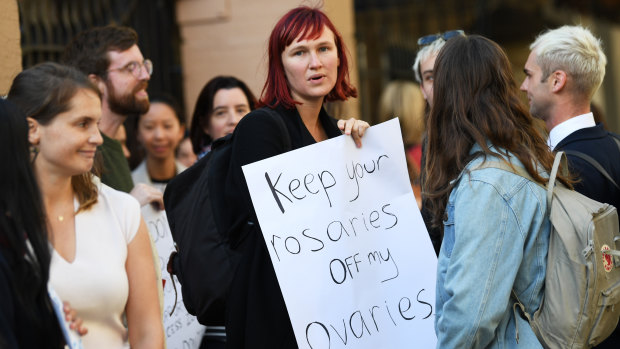 Demonstrators in favour of safe buffer-zones around NSW abortion clinics outside the the NSW parliament late last month.