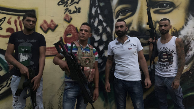 Fatah soldiers (L to R) Atui, Abu Raban, Obeida and Raleb in the Fatah area of Ain al-Hilweh.