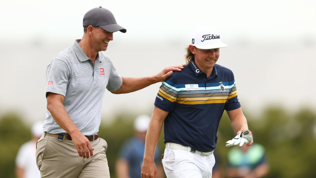 Adam Scott and Cameron Smith during the Australian PGA first round.