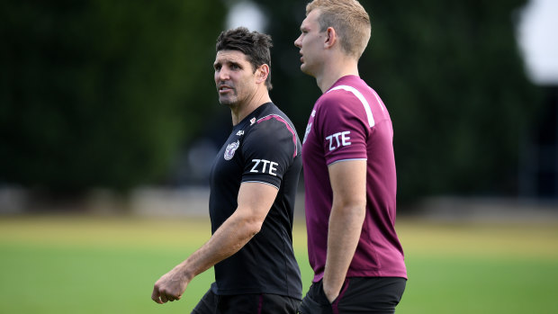 Hanging around: Former head coach Trent Barrett with Tom Trbojevic.