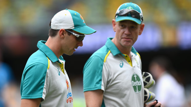 Pat Cummins and Andrew McDonald at the Gabba in December.