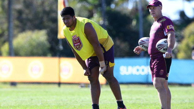 Queensland colours: Payne Haas with Allan Langer.