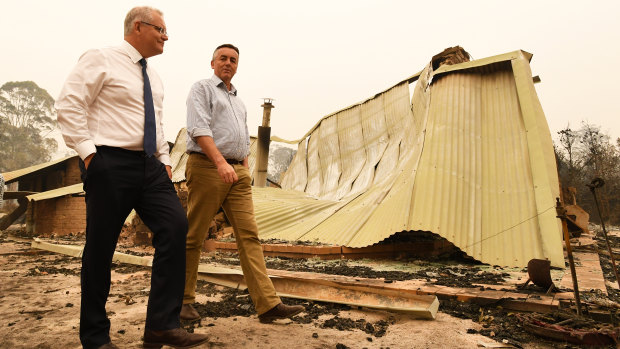 Prime Minister Scott Morrison and Gippsland MP Darren Chester tour fire destruction in Victoria.