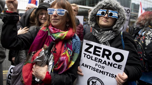 Demonstrators protest outside the Labour Party headquarters, in Central London in April as Jeremy Corbyn was accused of not doing enough to deal with anti-semitism in Britain's second largest political party.
