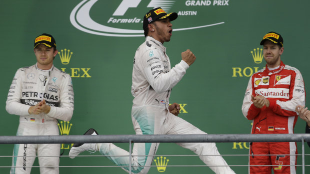Hamilton celebrating victory at the US race back in 2015, which also sealed the world title.