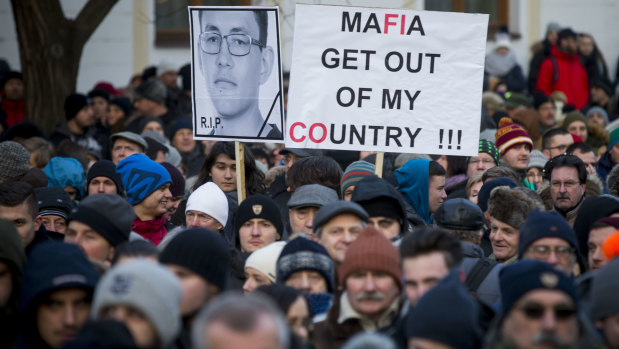 Protesters in Bratislava march in memory of the murdered journalist.