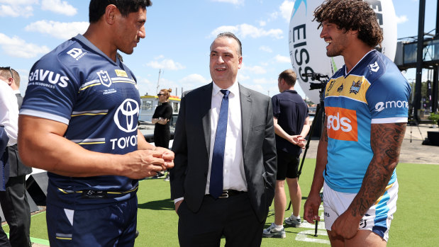 Peter V’landys with Jason Taumalolo and Kevin Proctor at Thursday’s NRL season launch.