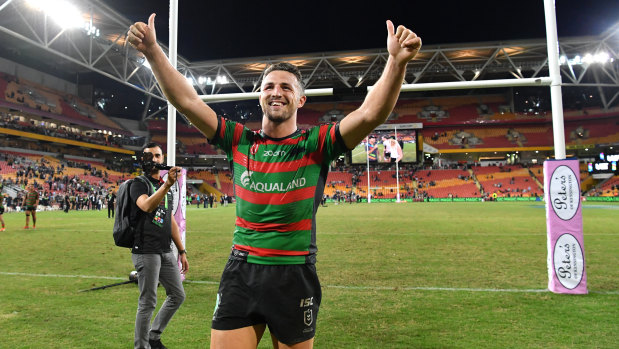 Sam Burgess thanks a strong Souths contingent in the stands at Suncorp Stadium.