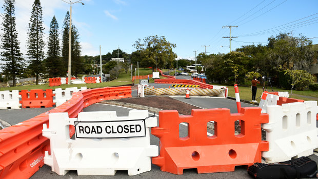 Barriers on Dixon Street, blocking access to Florence Street in the Qld-NSW border on the Gold Coast on Friday.
