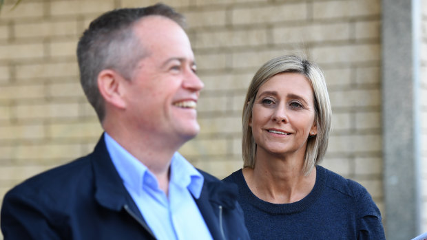 Labor leader Bill Shorten and the party's candidate for the seat of Longman Susan Lamb  outside a polling booth in Caboolture, north of Brisbane, on Saturday morning.
