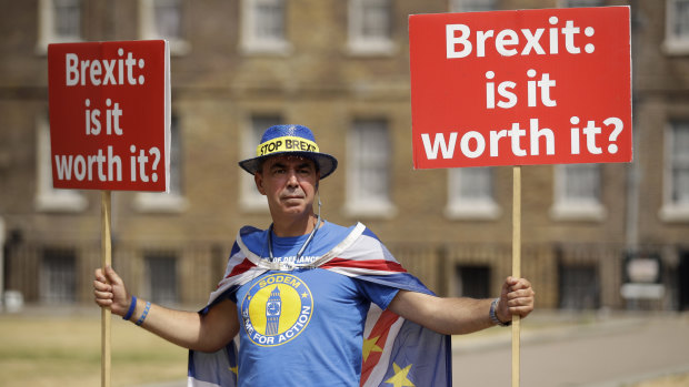 Anti-Brexit activist Steve Bray protests across the road from British Parliament.