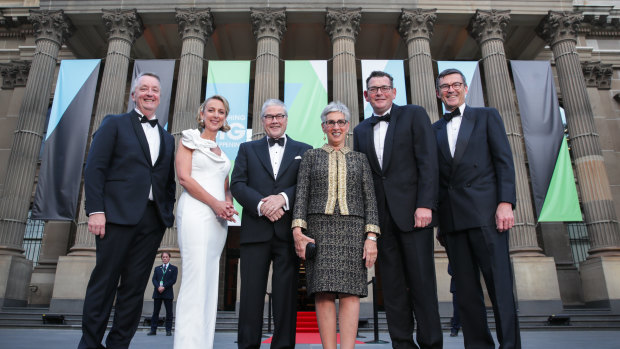 Minister Martin Foley, State Library of Victoria CEO Kate Torney, Anthony Howard AM QC, Governor of Victoria The Honourable Linda Dessau, Premier Daniel Andrews and John Wylie AM, president of the library board.